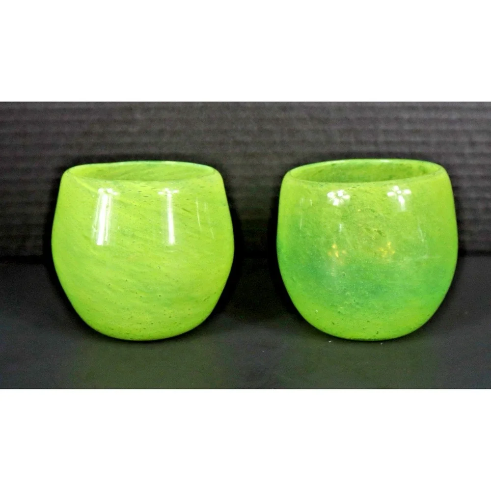 Lime Green Hand Blown Glass Tumblers W Controlled Bubbles - EUC Crate & Barrel C